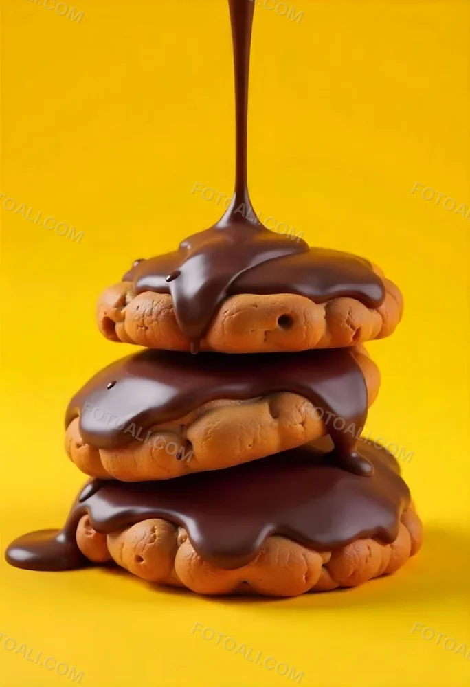 Stack Of Three Chocolate Covered Cookies With Chocolate Syrup Being Poured On Top Bright Yellow Background 42 F4d0