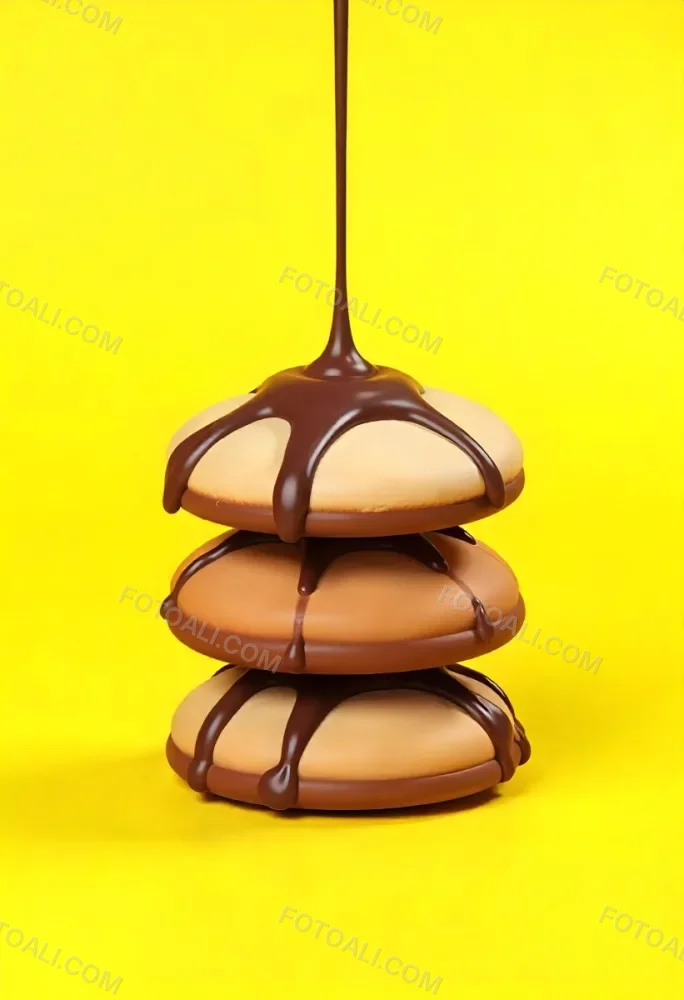 Stack Of Three Chocolate Covered Cookies With Chocolate Syrup Being Poured On Top Bright Yellow Background 48 72ac