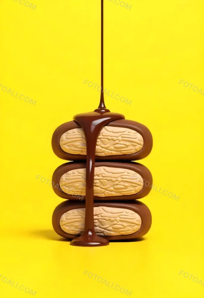 Stack Of Three Chocolate Covered Cookies With Chocolate Syrup Being Poured On Top Bright Yellow Background 6 995a