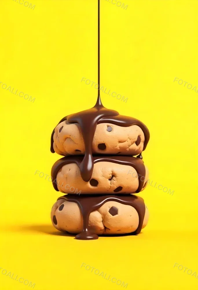 Stack Of Three Chocolate Covered Cookies With Chocolate Syrup Being Poured On Top Bright Yellow Background 8 3297