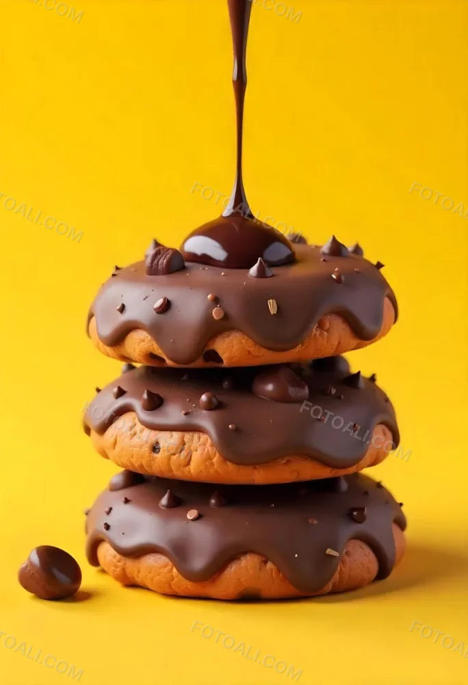 Stack Of Three Chocolate Covered Cookies With Chocolate Syrup Being Poured On Top Bright Yellow Background 9 19cd