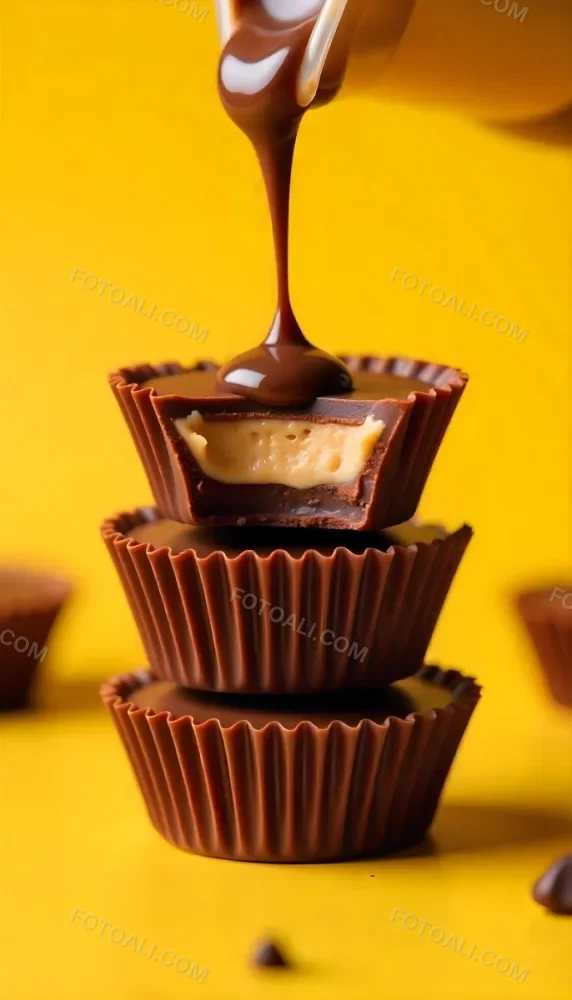 Stack Of Three Chocolate Peanut Butter Cups With Chocolate Syrup Being Poured On Top In A Yellow Background 16 B10b