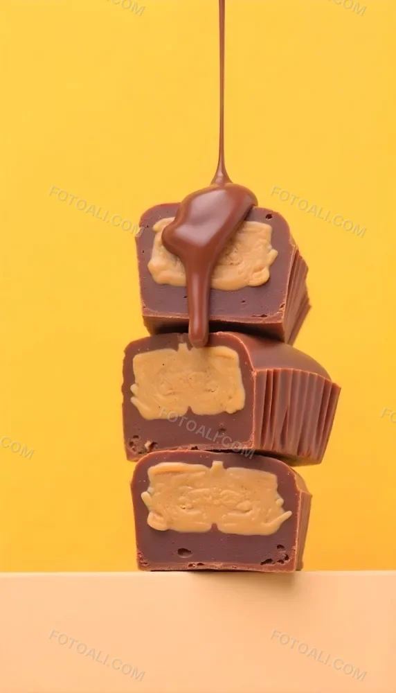 Stack Of Three Chocolate Peanut Butter Cups With Chocolate Syrup Being Poured On Top In A Yellow Background 19 6e5a