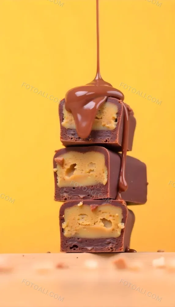 Stack Of Three Chocolate Peanut Butter Cups With Chocolate Syrup Being Poured On Top In A Yellow Background 22 0c25