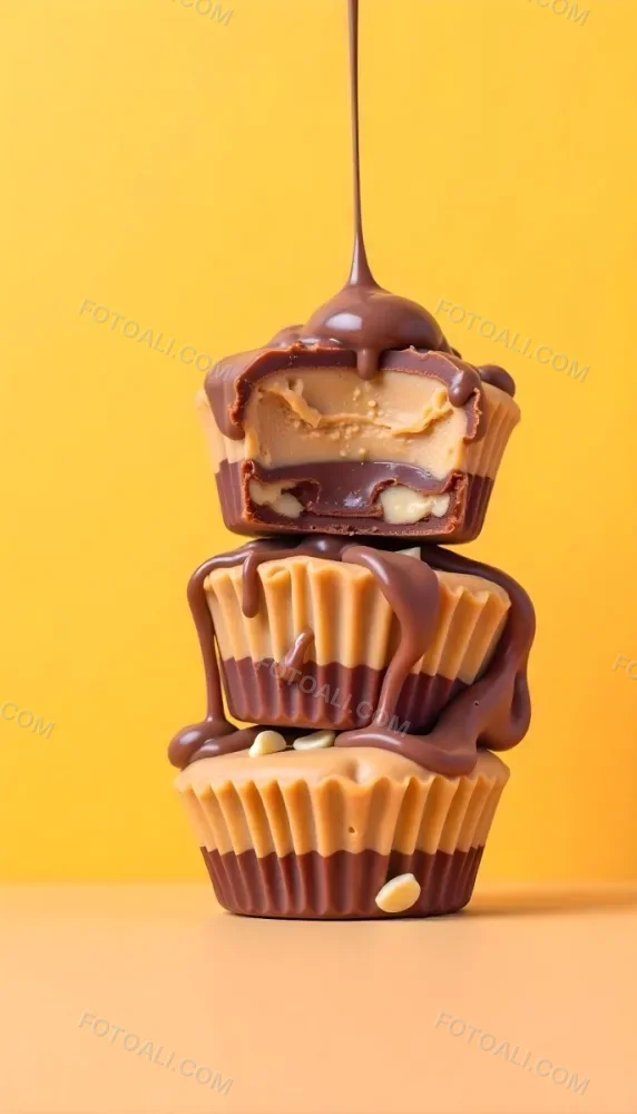 Stack Of Three Chocolate Peanut Butter Cups With Chocolate Syrup Being Poured On Top In A Yellow Background 24 940a