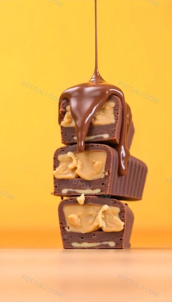 Stack Of Three Chocolate Peanut Butter Cups With Chocolate Syrup Being Poured On Top In A Yellow Background 27 D296