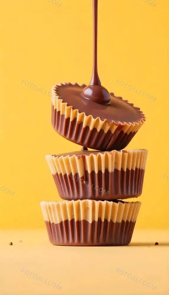 Stack Of Three Chocolate Peanut Butter Cups With Chocolate Syrup Being Poured On Top In A Yellow Background 30 8d12