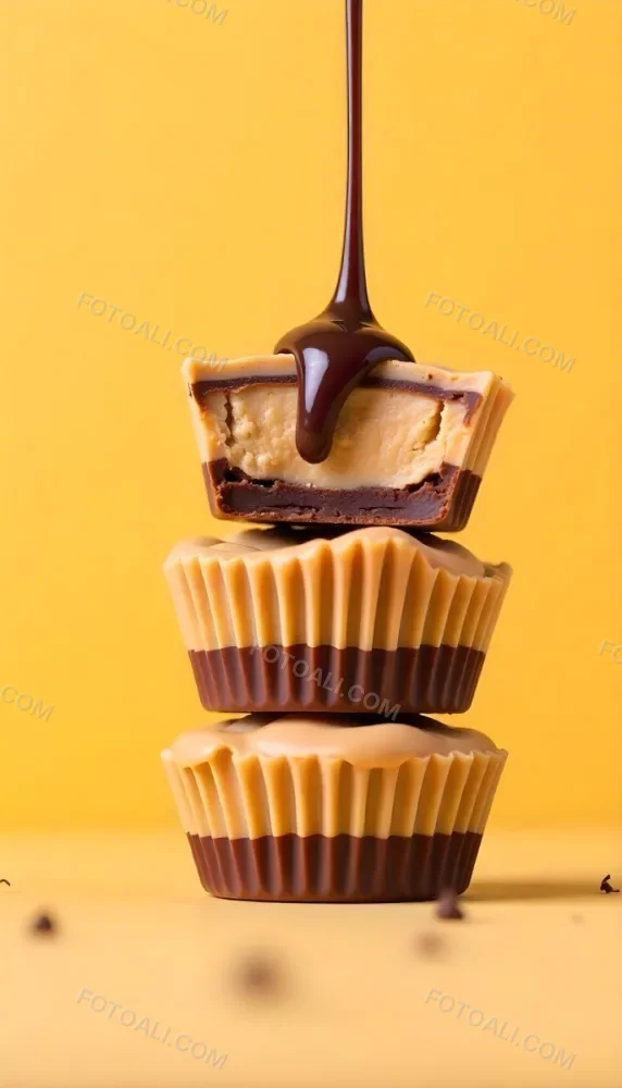 Stack Of Three Chocolate Peanut Butter Cups With Chocolate Syrup Being Poured On Top In A Yellow Background 35 7258