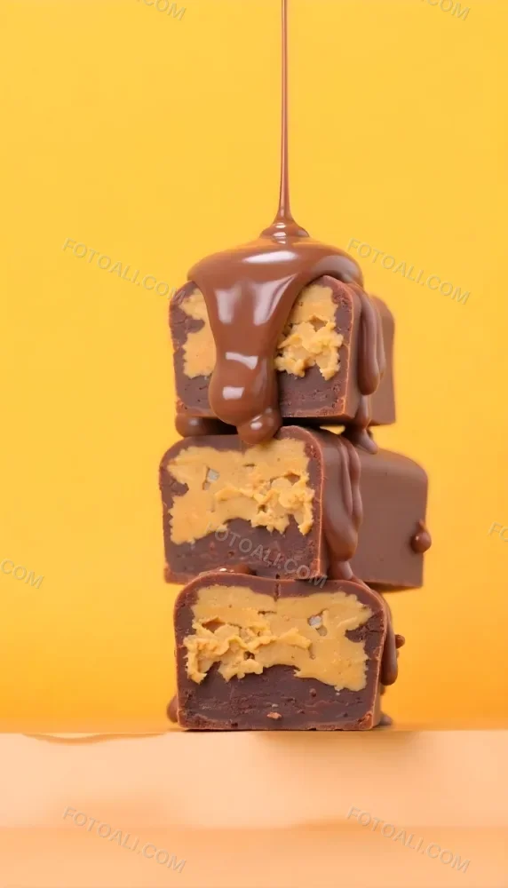 Stack Of Three Chocolate Peanut Butter Cups With Chocolate Syrup Being Poured On Top In A Yellow Background 36 34f3