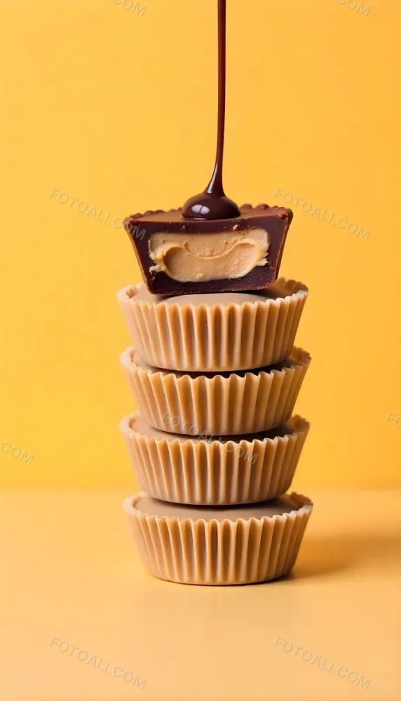 Stack Of Three Chocolate Peanut Butter Cups With Chocolate Syrup Being Poured On Top In A Yellow Background 37 103a