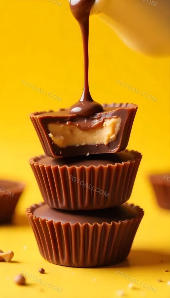 Stack Of Three Chocolate Peanut Butter Cups With Chocolate Syrup Being Poured On Top In A Yellow Background 7 Cae3