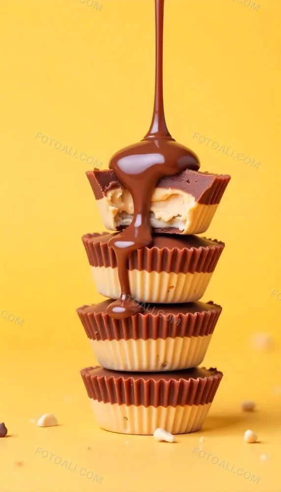 Stack Of Three Chocolate Peanut Butter Cups With Chocolate Syrup Being Poured On Top In A Yellow Background 8 82d2