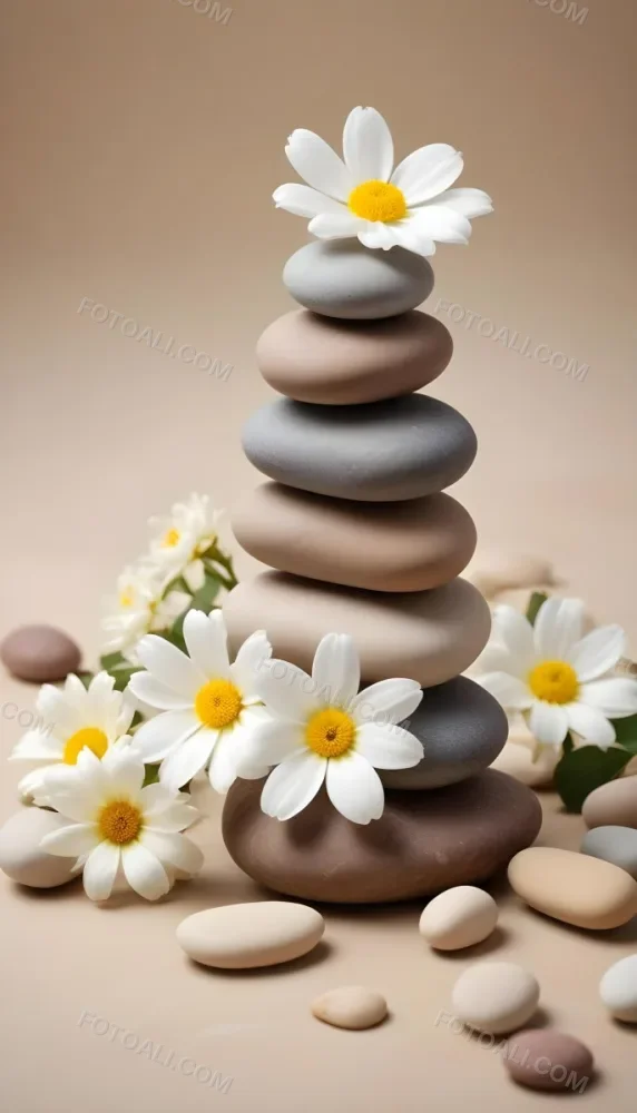 Stacked Smooth Stones Of Varying Sizes And Colors Including Brown With White Flowers Featuring Yellow Centers Placed Nearby The Background Is A Soft Neutral Tone That Complements The Stones And Flowers 13 E9e4