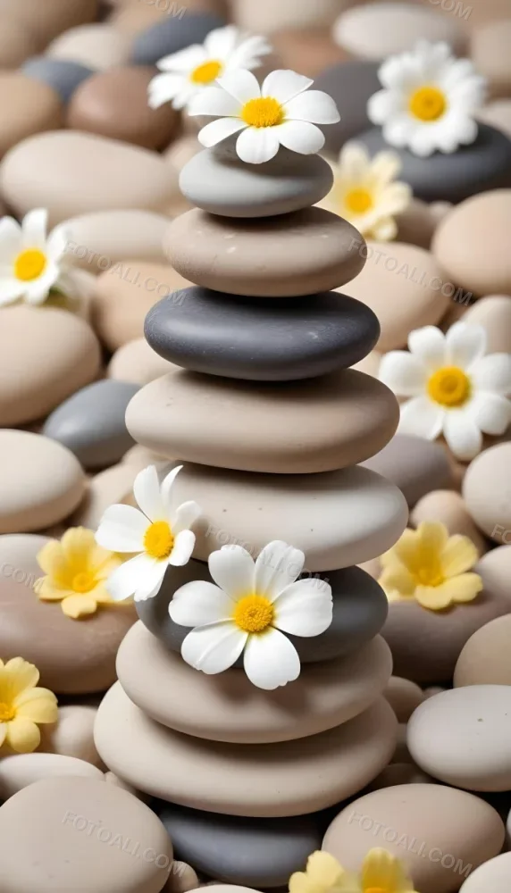Stacked Smooth Stones Of Varying Sizes And Colors Including Brown With White Flowers Featuring Yellow Centers Placed Nearby The Background Is A Soft Neutral Tone That Complements The Stones And Flowers 16 Cdce