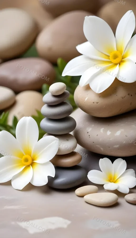 Stacked Smooth Stones Of Varying Sizes And Colors Including Brown With White Flowers Featuring Yellow Centers Placed Nearby The Background Is A Soft Neutral Tone That Complements The Stones And Flowers 19 9364
