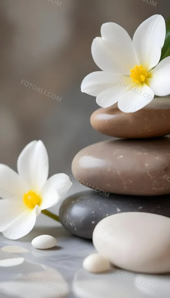 Stacked Smooth Stones Of Varying Sizes And Colors Including Brown With White Flowers Featuring Yellow Centers Placed Nearby The Background Is A Soft Neutral Tone That Complements The Stones And Flowers 28 7536