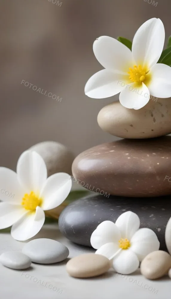 Stacked Smooth Stones Of Varying Sizes And Colors Including Brown With White Flowers Featuring Yellow Centers Placed Nearby The Background Is A Soft Neutral Tone That Complements The Stones And Flowers 29 A91a
