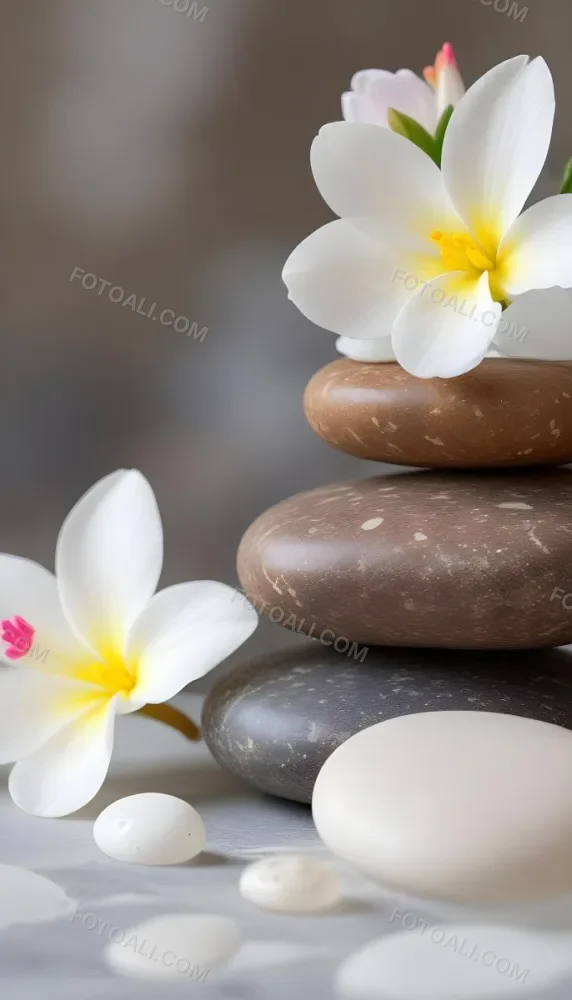 Stacked Smooth Stones Of Varying Sizes And Colors Including Brown With White Flowers Featuring Yellow Centers Placed Nearby The Background Is A Soft Neutral Tone That Complements The Stones And Flowers 33 0741