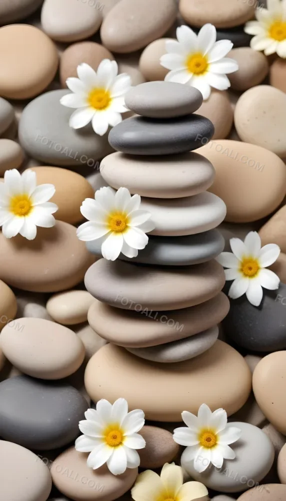 Stacked Smooth Stones Of Varying Sizes And Colors Including Brown With White Flowers Featuring Yellow Centers Placed Nearby The Background Is A Soft Neutral Tone That Complements The Stones And Flowers 6 931a
