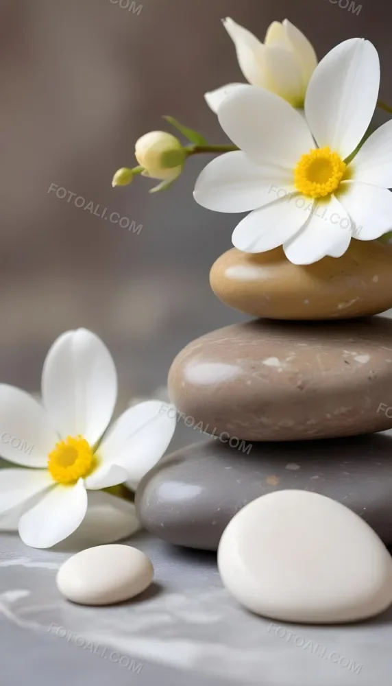 Stacked Smooth Stones Of Varying Sizes And Colors Including Brown With White Flowers Featuring Yellow Centers Placed Nearby The Background Is A Soft Neutral Tone That Complements The Stones And Flowers 7 975e