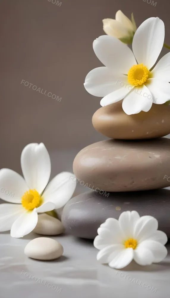 Stacked Smooth Stones Of Varying Sizes And Colors Including Brown With White Flowers Featuring Yellow Centers Placed Nearby The Background Is A Soft Neutral Tone That Complements The Stones And Flowers 8 Ff12