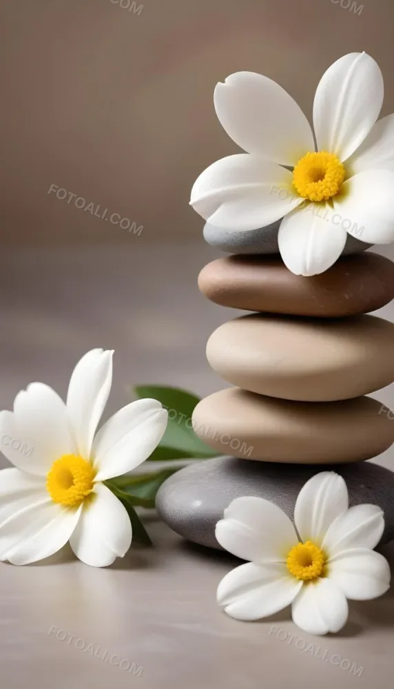 Stacked Smooth Stones Of Varying Sizes And Colors Including Brown With White Flowers Featuring Yellow Centers Placed Nearby The Background Is A Soft Neutral Tone That Complements The Stones And Flowers 9 7bae