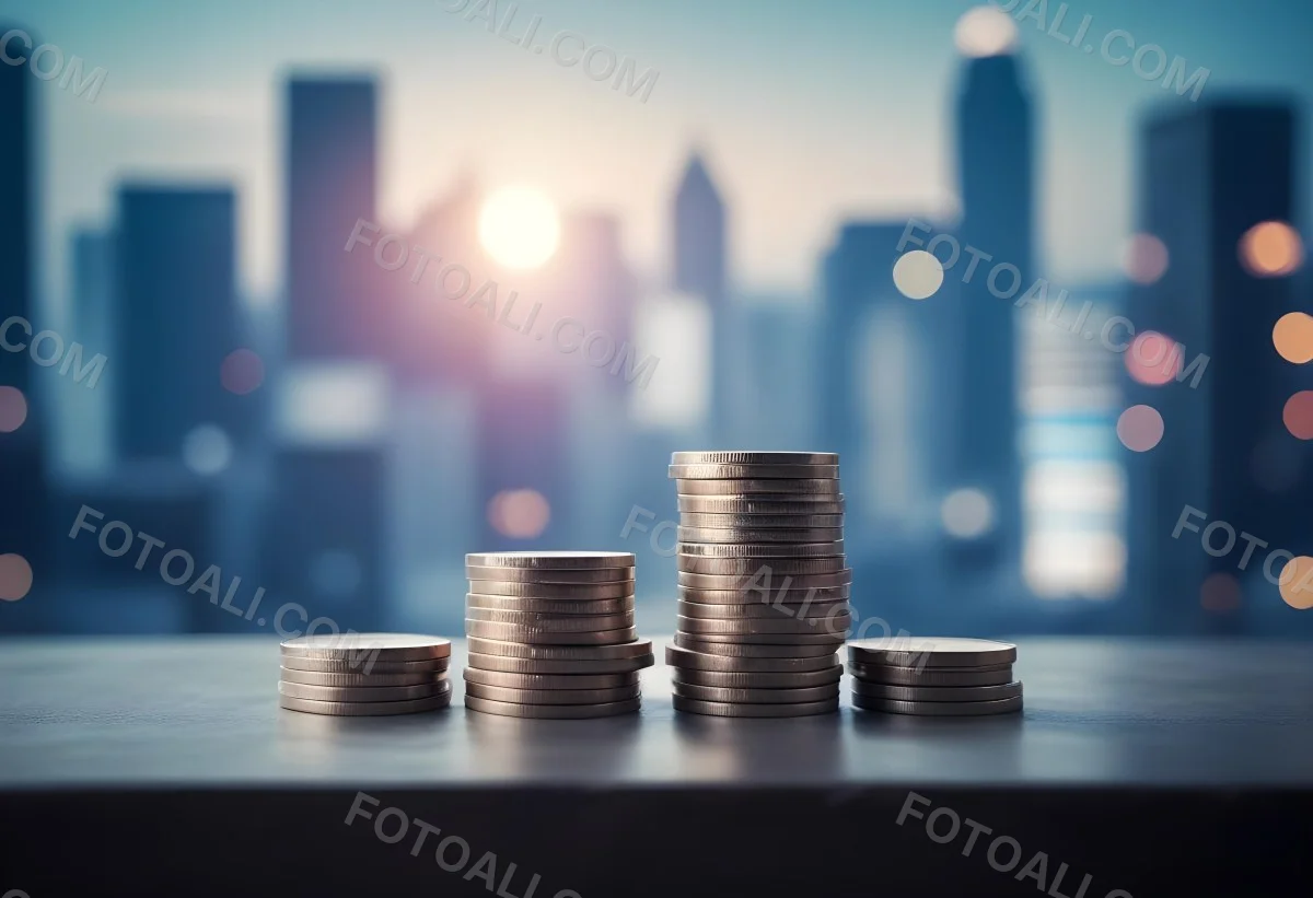 Stacks Of Coins Against A Blurred Cityscape Background Representing Financial Growth And Investment 10 117a