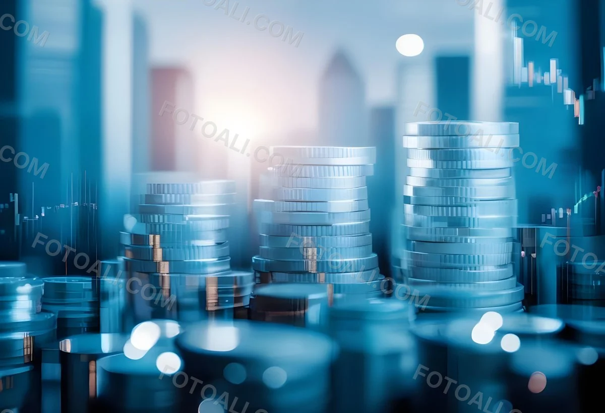 Stacks Of Coins Against A Blurred Cityscape Background Representing Financial Growth And Investment 12 Ab79