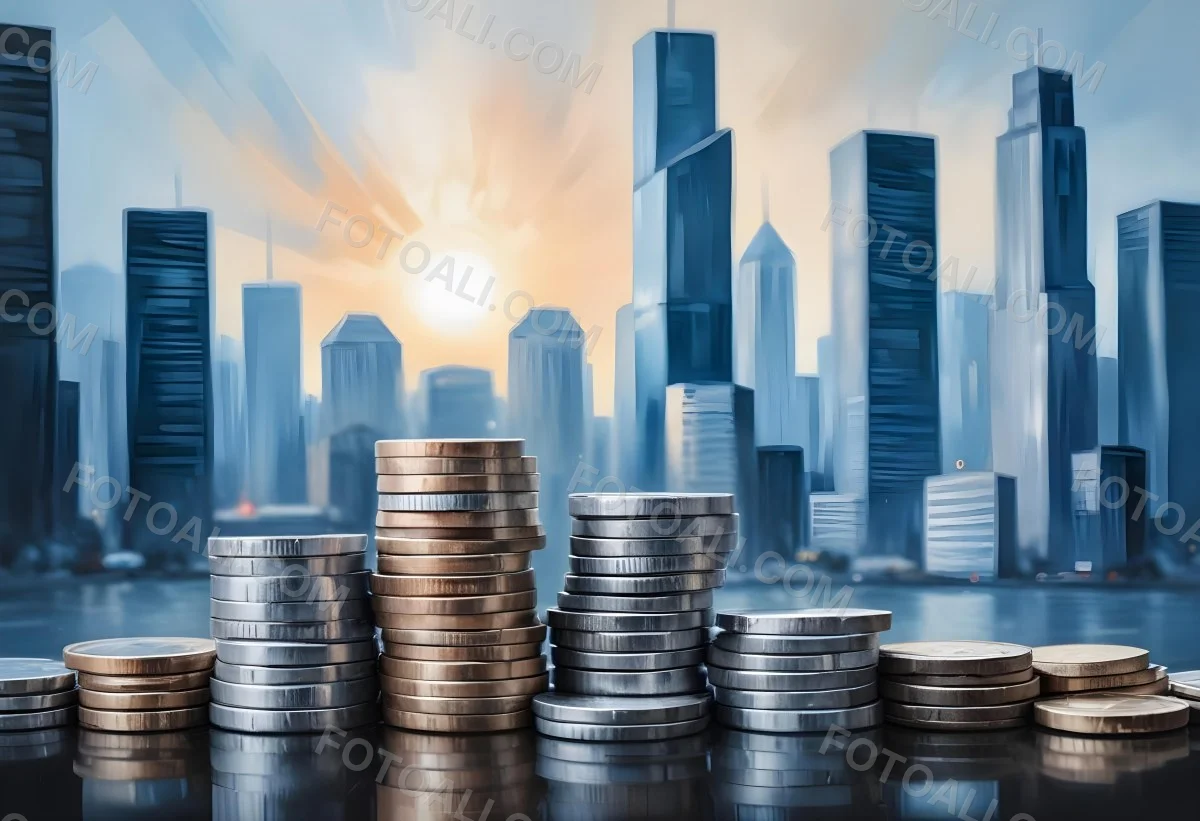 Stacks Of Coins Against A Blurred Cityscape Background Representing Financial Growth And Investment 17 Ebf0