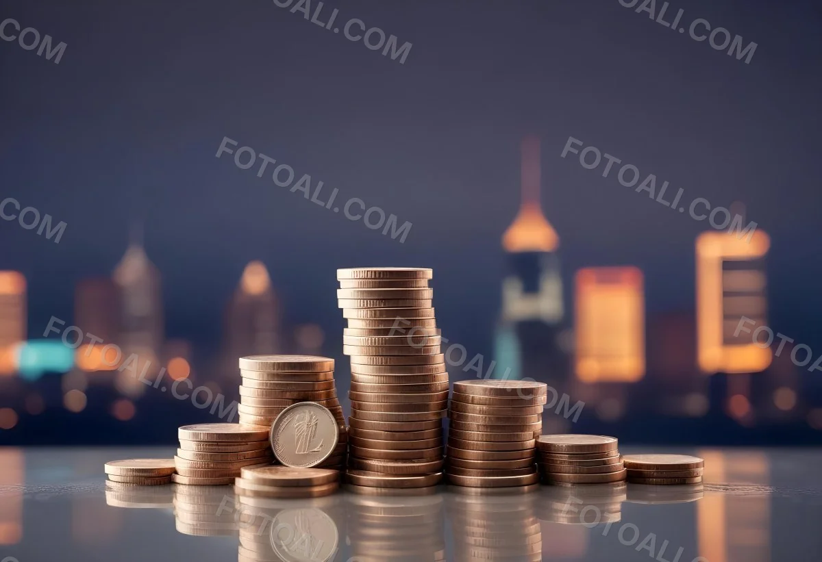Stacks Of Coins Against A Blurred Cityscape Background Representing Financial Growth And Investment 3 F749