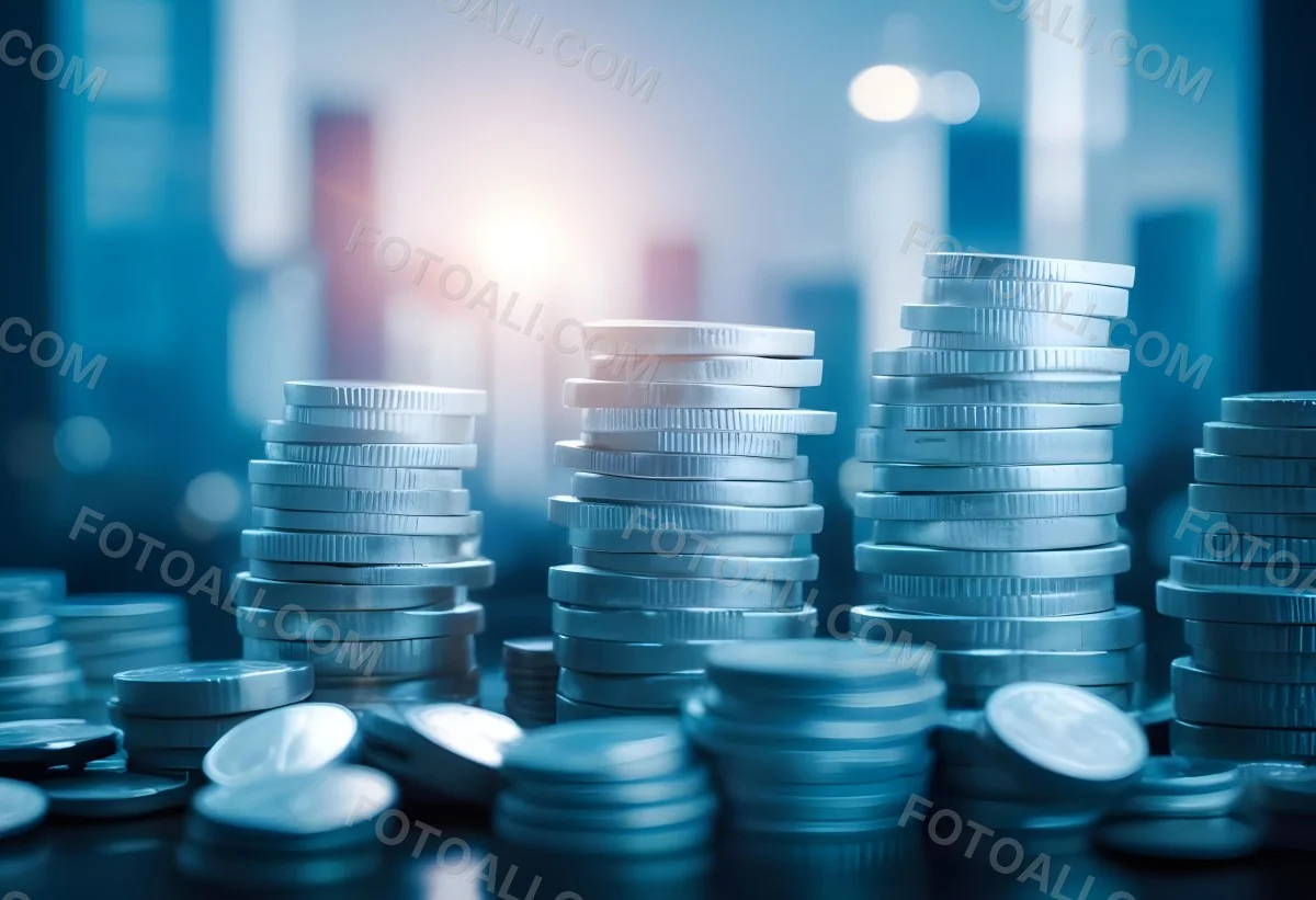Stacks Of Coins Against A Blurred Cityscape Background Representing Financial Growth And Investment 8 57bf