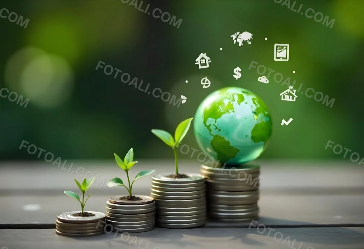 Stacks Of Coins With Plants Growing On Top A Green Earth Globe And Environmental Icons Floating Above On A Wooden Surface With A Blurred Green Background 25 91fa