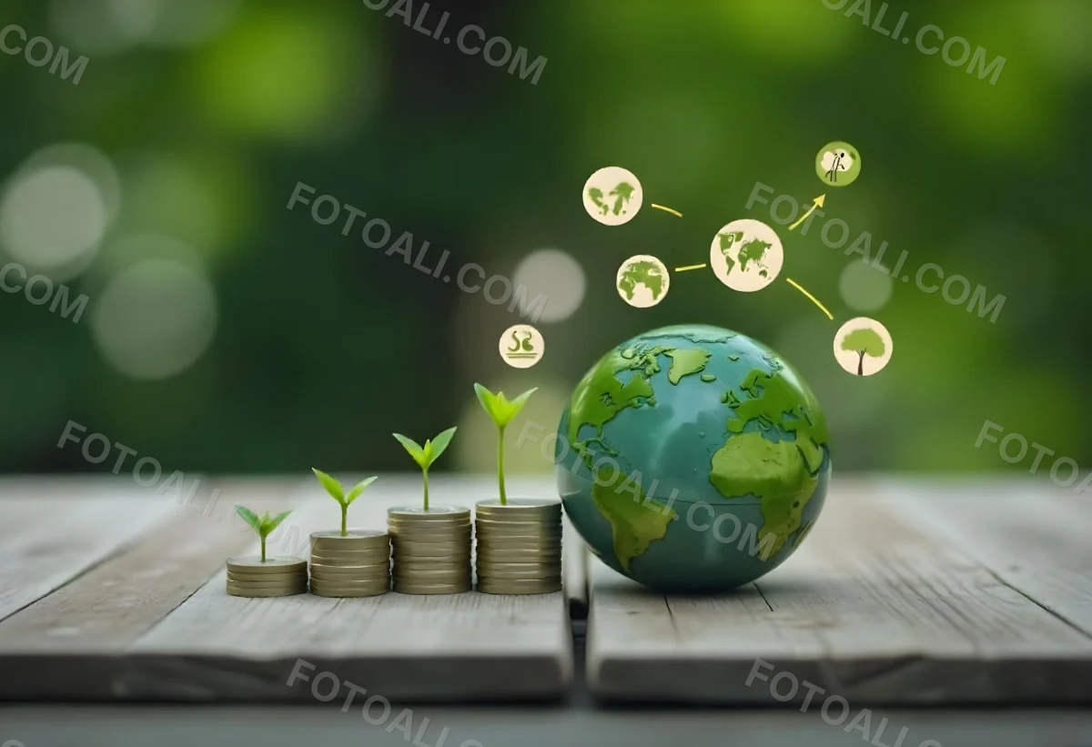 Stacks Of Coins With Plants Growing On Top A Green Earth Globe And Environmental Icons Floating Above On A Wooden Surface With A Blurred Green Background 27 C116