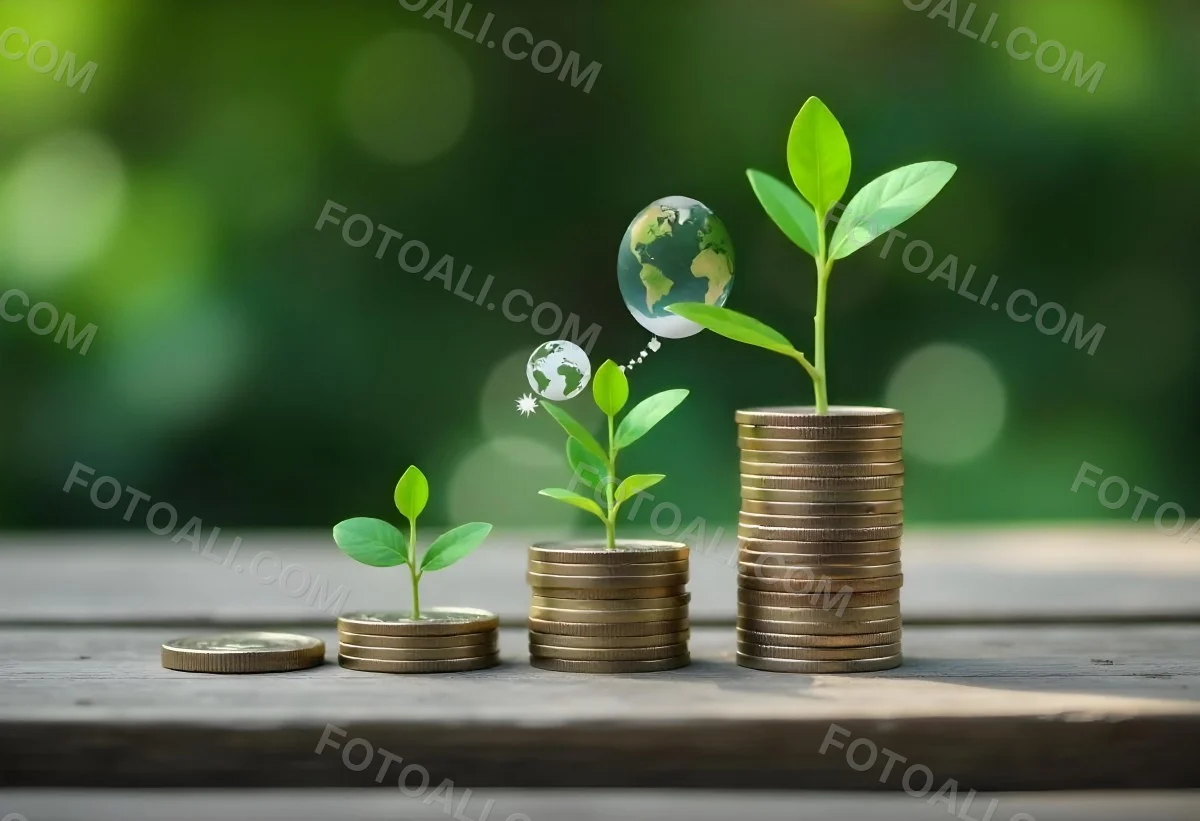 Stacks Of Coins With Plants Growing On Top A Green Earth Globe And Environmental Icons Floating Above On A Wooden Surface With A Blurred Green Background 30 Ac7b