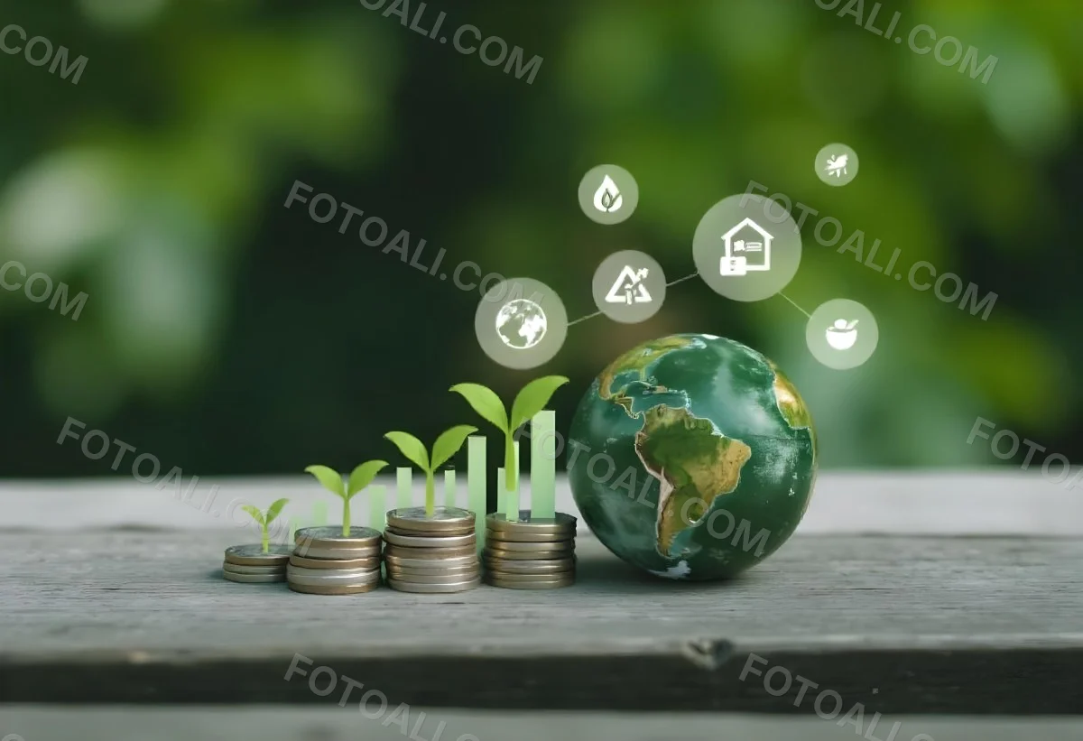 Stacks Of Coins With Plants Growing On Top A Green Earth Globe And Environmental Icons Floating Above On A Wooden Surface With A Blurred Green Background 32 18d2