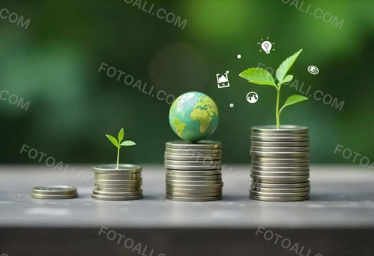 Stacks Of Coins With Plants Growing On Top A Green Earth Globe And Environmental Icons Floating Above On A Wooden Surface With A Blurred Green Background 48 22c4