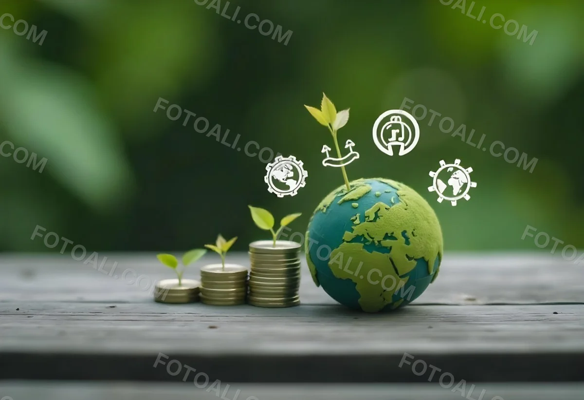 Stacks Of Coins With Plants Growing On Top A Green Earth Globe And Environmental Icons Floating Above On A Wooden Surface With A Blurred Green Background 51 Dbf7