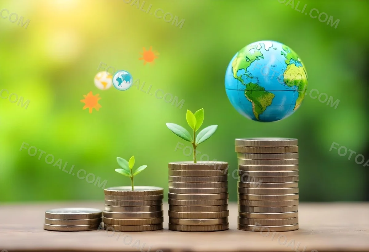 Stacks Of Coins With Plants Growing On Top A Green Earth Globe And Environmental Icons Floating Above On A Wooden Surface With A Blurred Green Background 52 5630