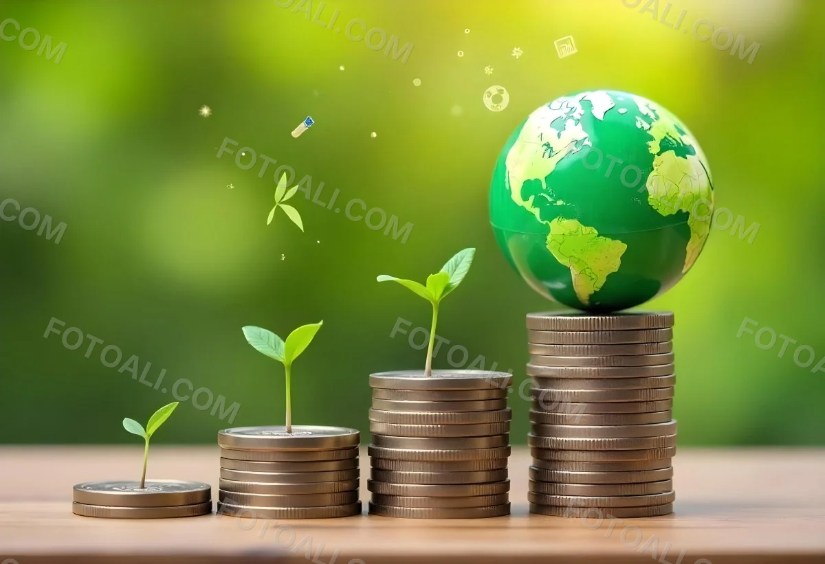 Stacks Of Coins With Plants Growing On Top A Green Earth Globe And Environmental Icons Floating Above On A Wooden Surface With A Blurred Green Background 53 C99e