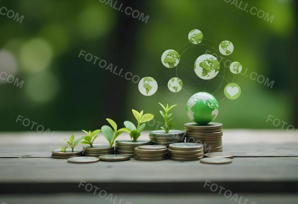 Stacks Of Coins With Plants Growing On Top A Green Earth Globe And Environmental Icons Floating Above On A Wooden Surface With A Blurred Green Background 55 51eb