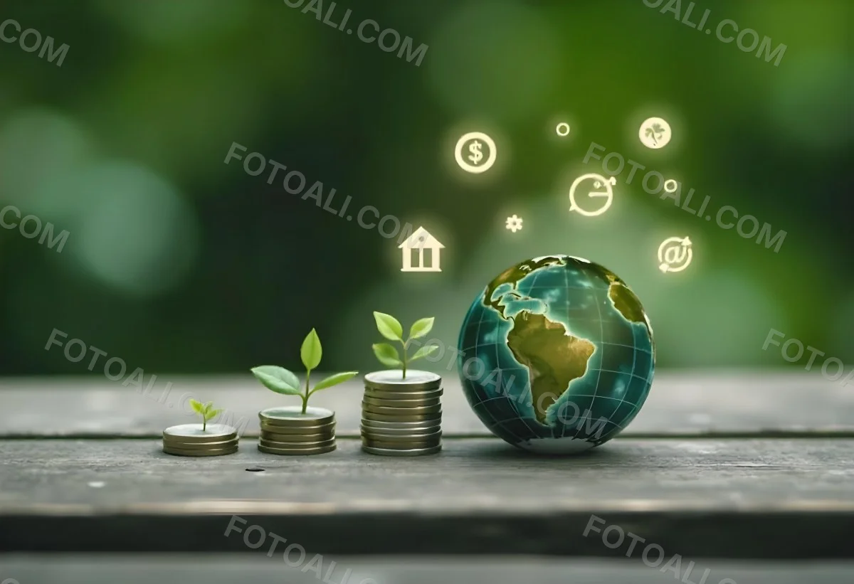 Stacks Of Coins With Plants Growing On Top A Green Earth Globe And Environmental Icons Floating Above On A Wooden Surface With A Blurred Green Background 56 3677