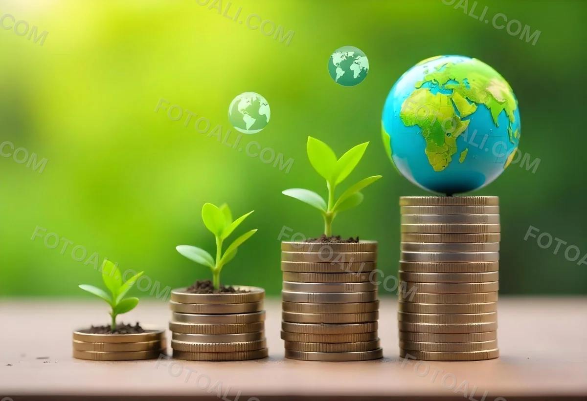 Stacks Of Coins With Plants Growing On Top A Green Earth Globe And Environmental Icons Floating Above On A Wooden Surface With A Blurred Green Background 59 A118
