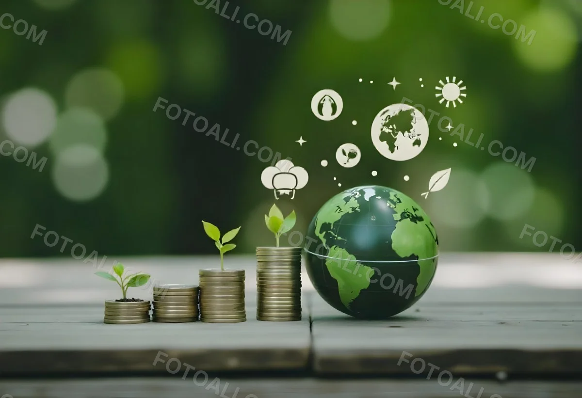 Stacks Of Coins With Plants Growing On Top A Green Earth Globe And Environmental Icons Floating Above On A Wooden Surface With A Blurred Green Background 8 E38a