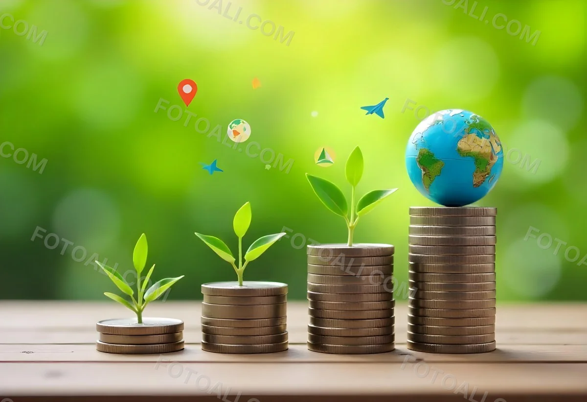 Stacks Of Coins With Plants Growing On Top A Green Earth Globe And Environmental Icons Floating Above On A Wooden Surface With A Blurred Green Background 9 F649