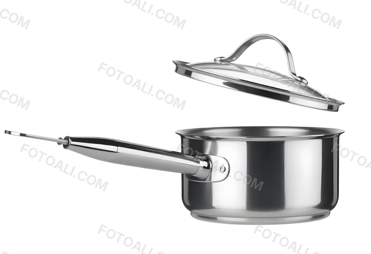 Stainless Steel Saucepan With A Long Handle And A Glass Lid Slightly Open In A White Background 1 704a