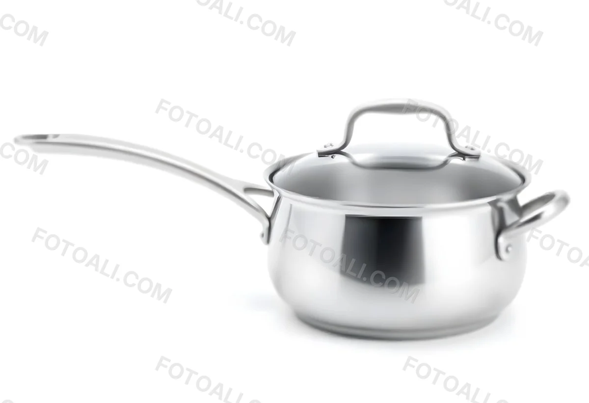 Stainless Steel Saucepan With A Long Handle And A Glass Lid Slightly Open In A White Background 10 86f4