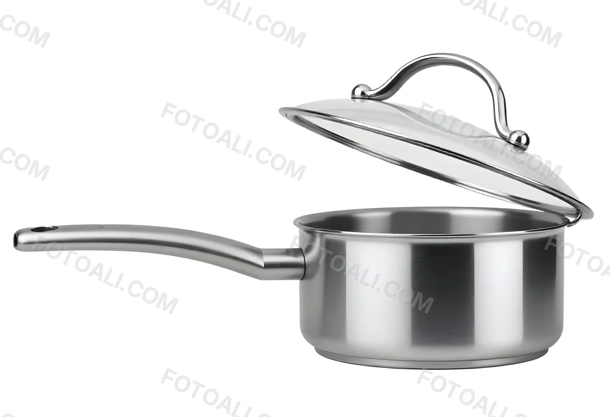 Stainless Steel Saucepan With A Long Handle And A Glass Lid Slightly Open In A White Background 12 338f