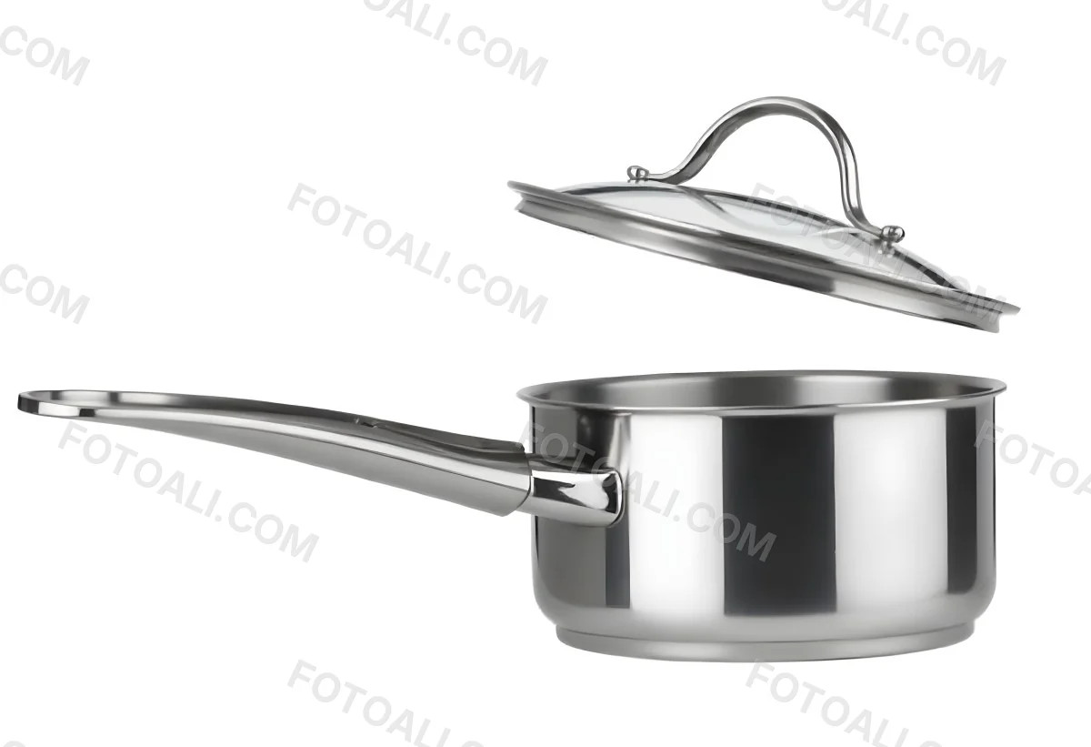 Stainless Steel Saucepan With A Long Handle And A Glass Lid Slightly Open In A White Background 13 C601