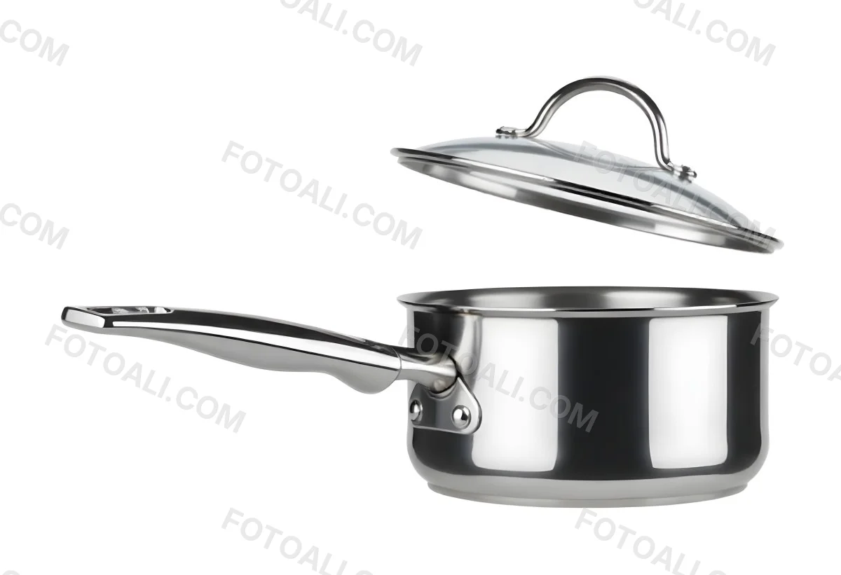 Stainless Steel Saucepan With A Long Handle And A Glass Lid Slightly Open In A White Background 14 5796