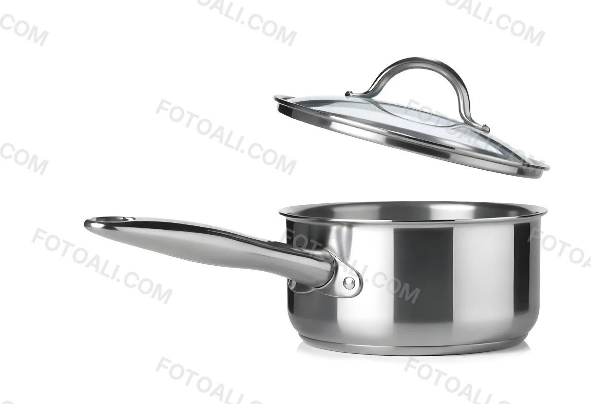 Stainless Steel Saucepan With A Long Handle And A Glass Lid Slightly Open In A White Background 17 6cdf